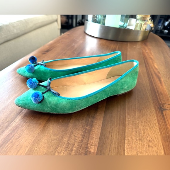JCrew Green and Blue Leather Pom Pom Flats - Picture 3 of 11